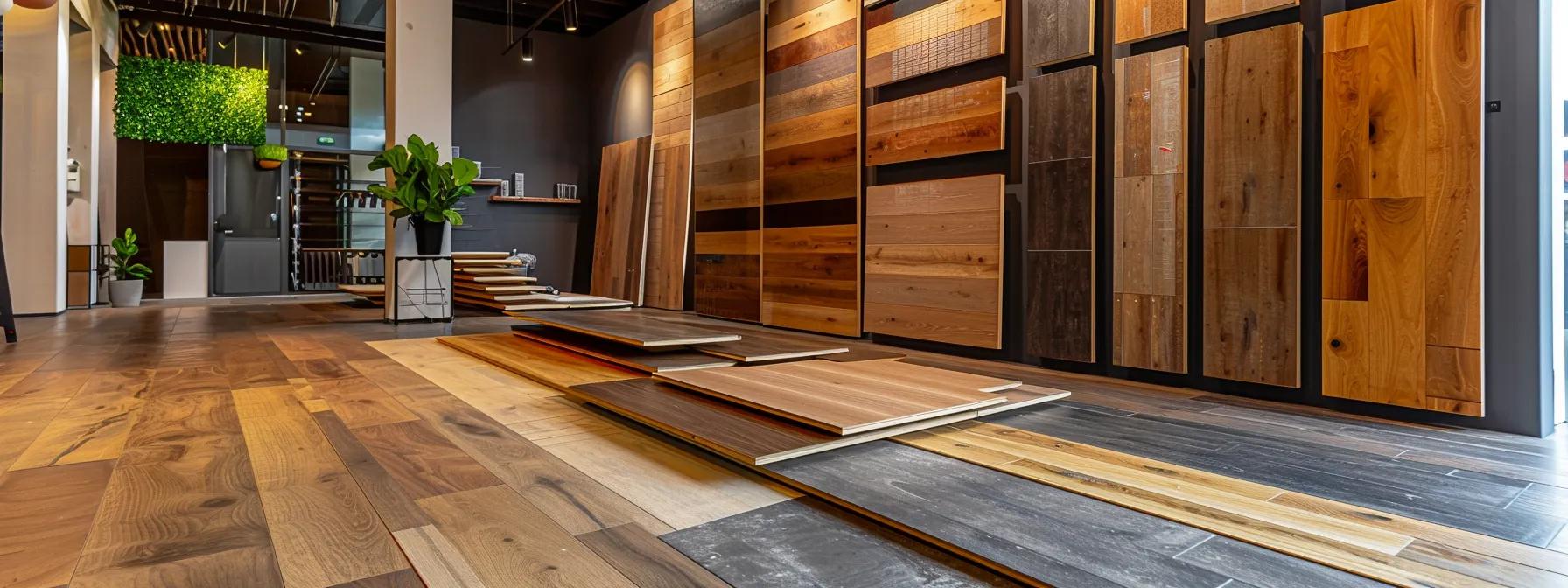 a modern, stylish flooring showroom showcases an array of beautifully arranged hardwood, laminate, vinyl, and tile samples against sleek, urban-inspired decor, emphasizing the versatility and aesthetic appeal of various flooring options. A modern, stylish flooring showroom showcases an array of beautifully arranged hardwood, laminate, vinyl, and tile samples against sleek, urban-inspired decor, emphasizing the versatility and aesthetic appeal of various flooring options for flooring installation near you.
