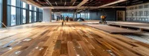 a professional flooring installation team meticulously laying down sleek, modern hardwood planks in a contemporary open-concept office space, illuminated by bright, even overhead lighting that highlights the craftsmanship and attention to detail.