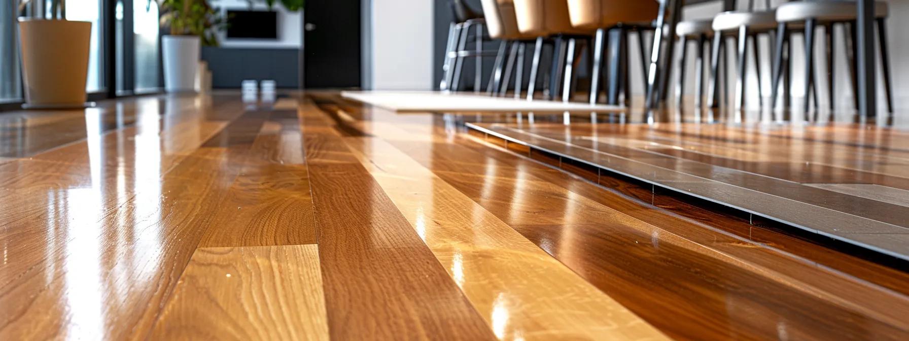 a sleek, modern office space features a polished wooden floor contrasted with swatches of various flooring materials displayed prominently on a stylish conference table, emphasizing the differences in durability and maintenance across each option. a sleek, modern office space features a polished wooden floor contrasted with swatches of various flooring materials displayed prominently on a stylish conference table, emphasizing the differences in durability and maintenance across each option.