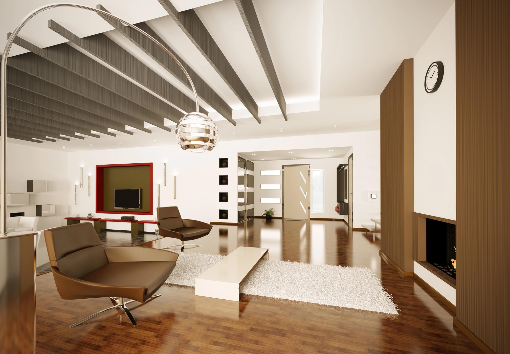 Modern living room with minimalist furniture, wood flooring, large area rug, a wall-mounted TV, and contemporary decor elements including exposed ceiling beams and a built-in fireplace, showcasing quality flooring installation in Georgia.