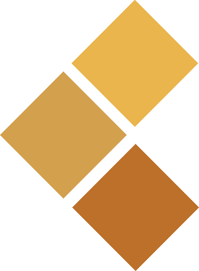Three orange-hued diamond shapes are arranged in a diagonal line on a white background, each varying in shade from light to dark.