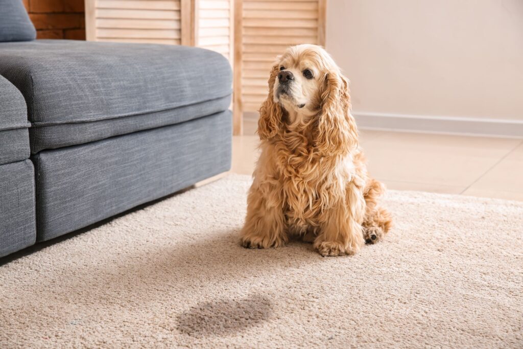 A cocker spaniel sits on a beige carpet, possibly in need of a carpet installation after a dark wet stain appears near a gray sofa in the living room.