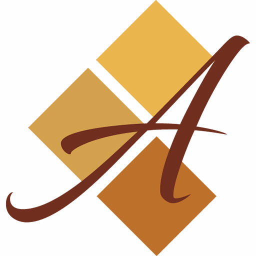 A stylized letter "A" in dark brown overlays three abstract shapes in gold and orange, creating a striking geometric design on a brown background.