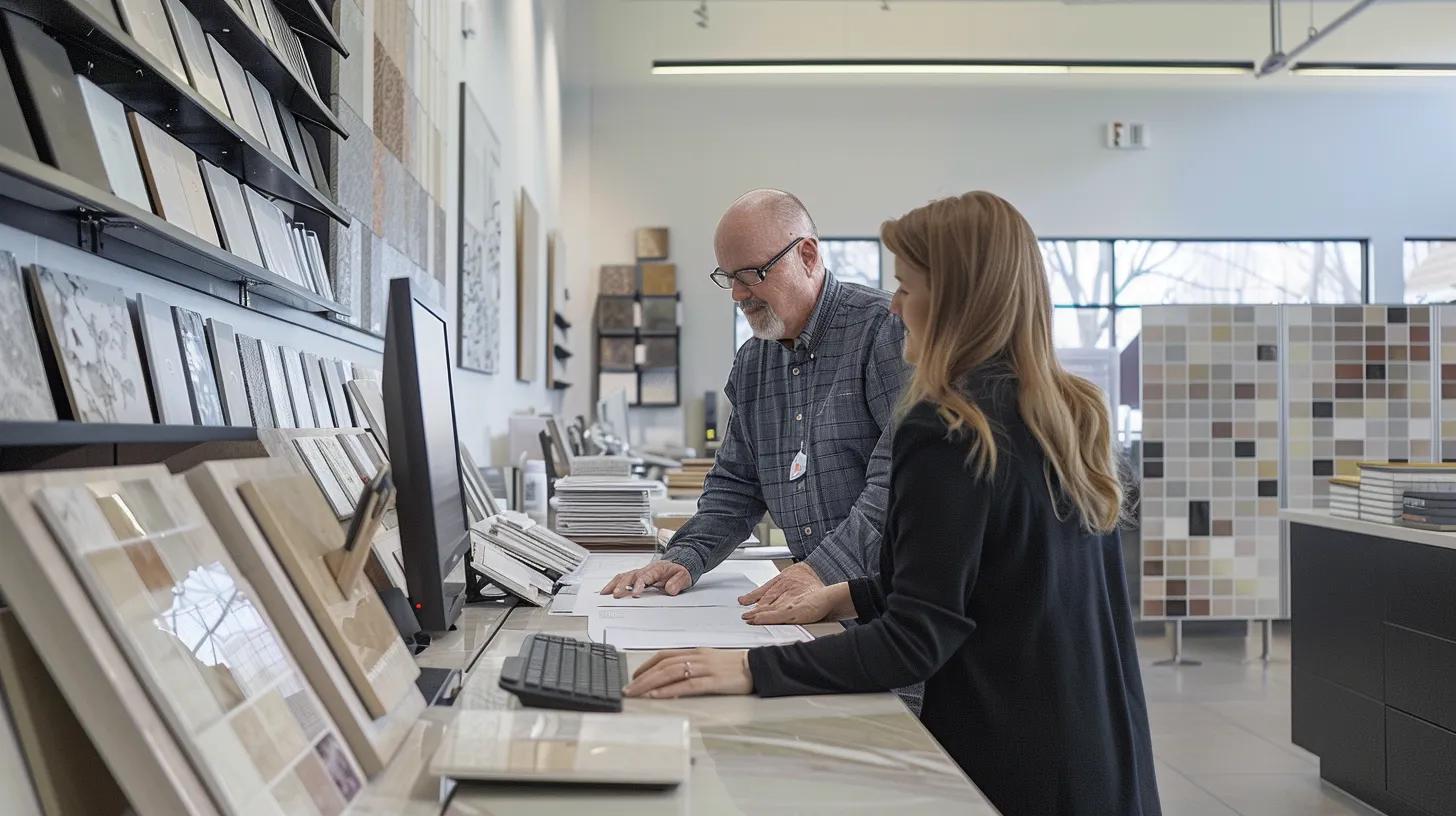 a professional tile contractor discusses project details with a client in a sleek, modern office, surrounded by samples of various tiles and a computer displaying design plans, emphasizing the importance of thorough communication before hiring. a professional tile contractor discusses project details with a client in a sleek, modern office, surrounded by samples of various tiles and a computer displaying design plans, emphasizing the importance of thorough communication before hiring.