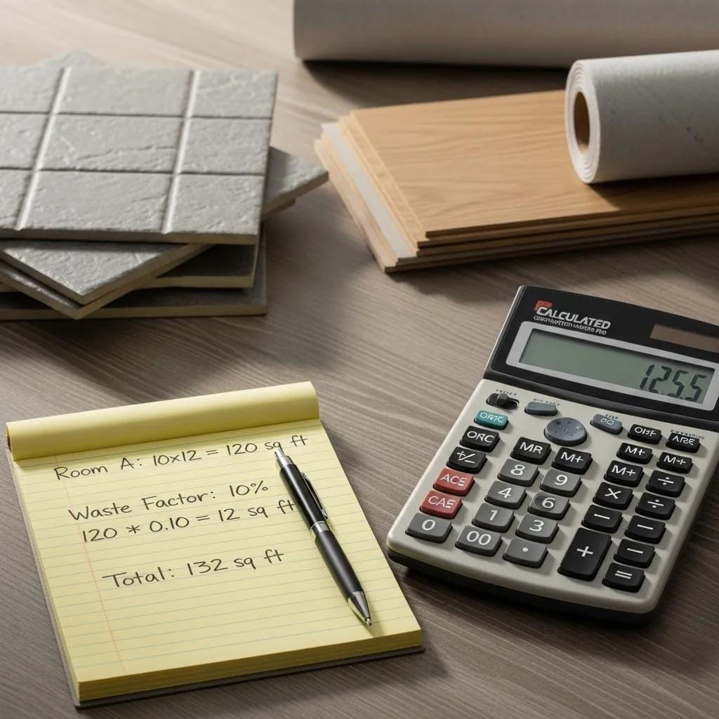Calculator and notepad with flooring waste factor calculations, surrounded by flooring materials such as tiles and wood planks, illustrating the importance of accurate measurement and waste factor in flooring installation.