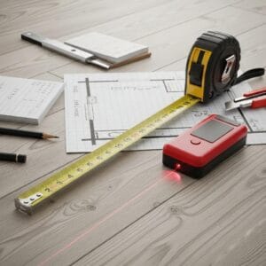 Essential flooring measurement tools including tape measure, laser measure, and graph paper on a wooden floor