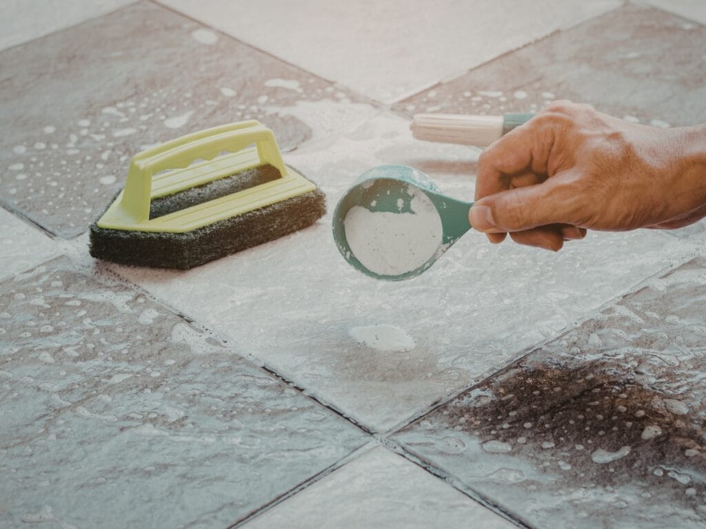 Hand holding a measuring scoop of cleaning powder above tiled floor with cleaning brush and soap suds, illustrating grout cleaning techniques for tile maintenance.