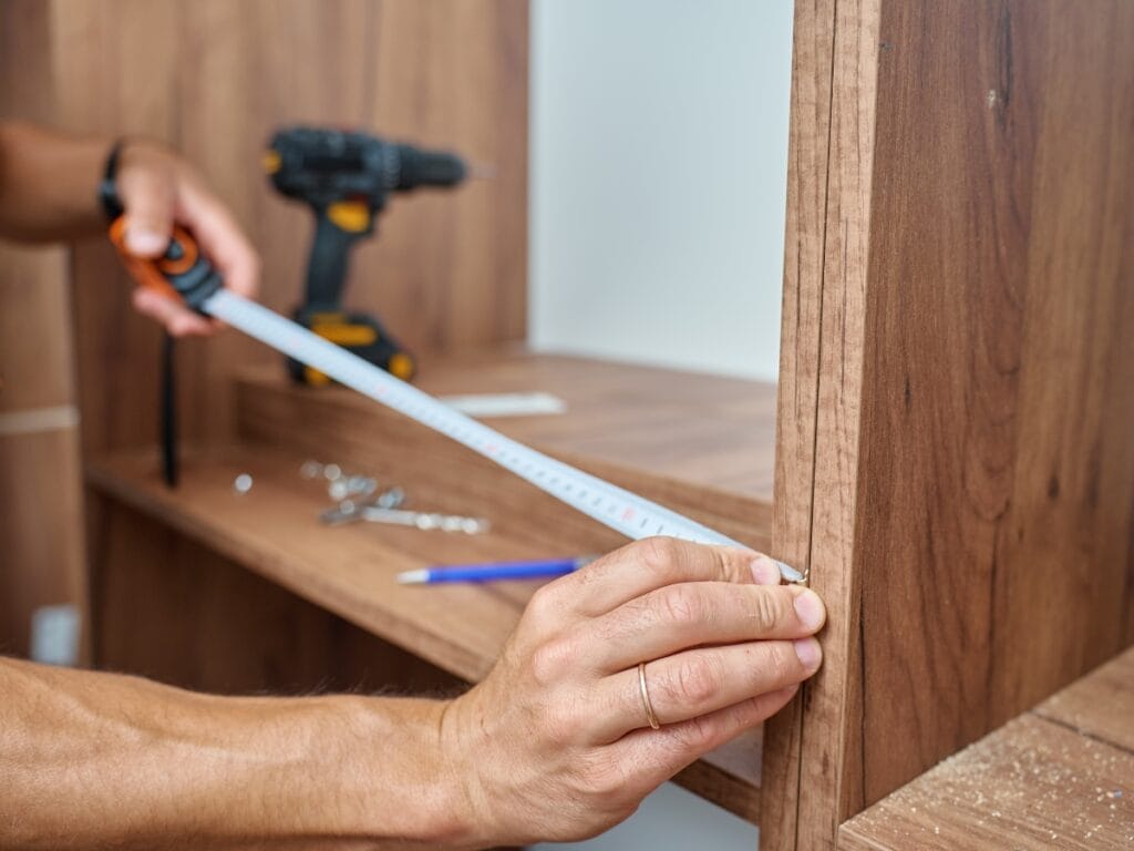 Person measuring wood with a tape measure, demonstrating precise measurement techniques for flooring installation.