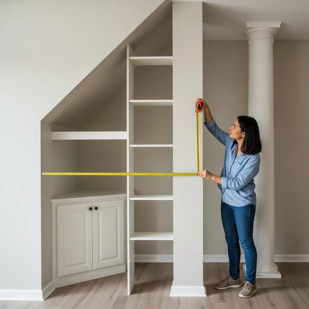 Person measuring an irregularly shaped room with visible obstructions, including a cabinet and column, demonstrating techniques for accurate flooring measurement.