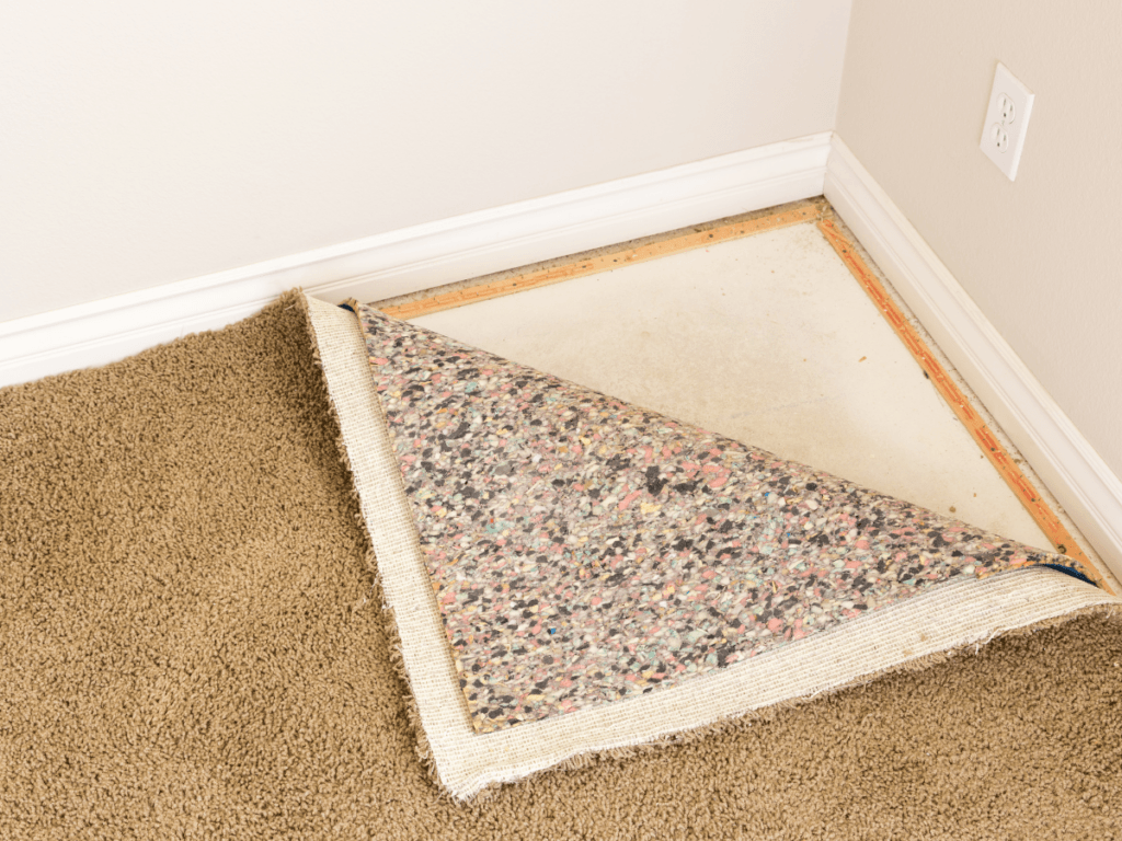 Corner of carpet pulled back to show the carpet flooring padding and bare subfloor in a room with light-colored walls and white baseboard&mdash;an ideal visual for a carpet flooring padding guide.
