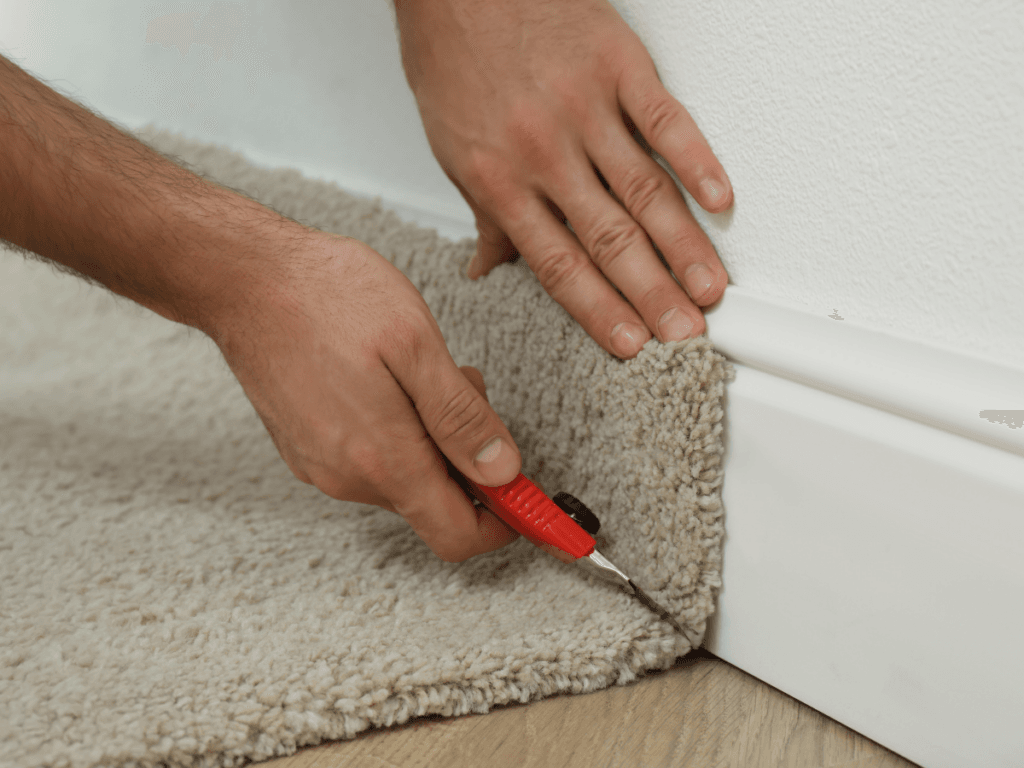 Close-up of a person cutting beige carpet flooring along a white wall with a utility knife, using their other hand to hold the carpet in place as part of a step-by-step padding guide.