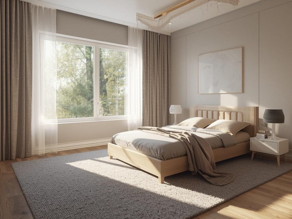 A modern bedroom with benefits of soundproof flooring, a large window, neutral-toned walls and bedding, a wooden bed frame, two nightstands, and sunlight streaming in.