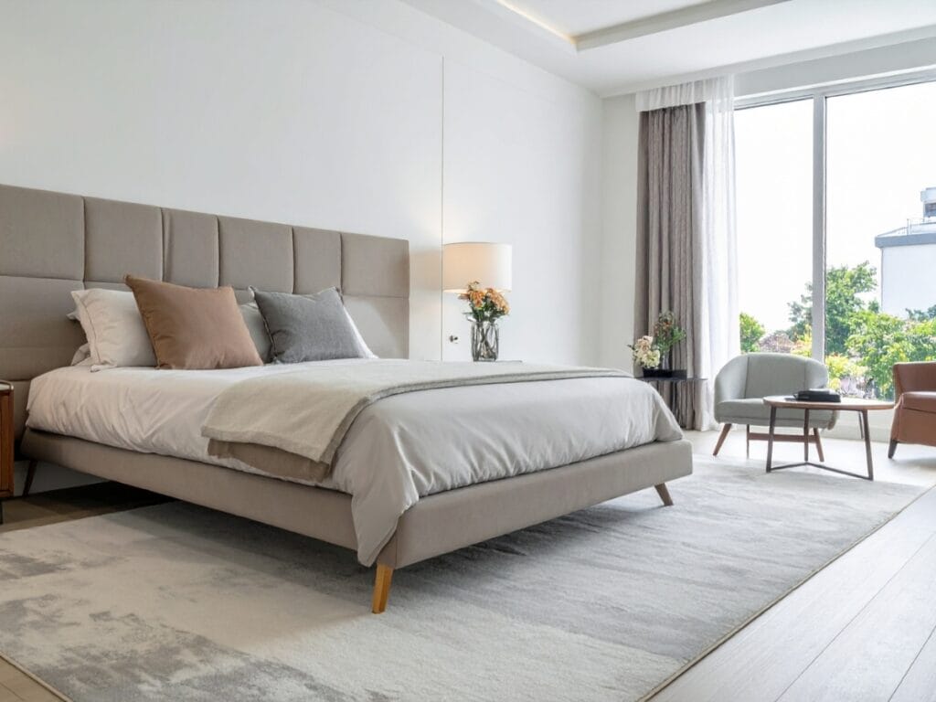 Modern bedroom with a large bed, neutral bedding, bedside tables, a lamp, and two chairs by a window with sheer curtains overlooking greenery&mdash;plus the benefits of soundproof flooring for extra peace and quiet.