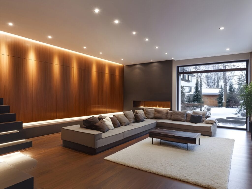 Modern living room with wood-paneled walls, recessed lighting, a large sectional sofa, a coffee table, and a white rug atop benefits soundproof flooring&mdash;plus floor-to-ceiling windows overlooking a snowy outdoor scene.