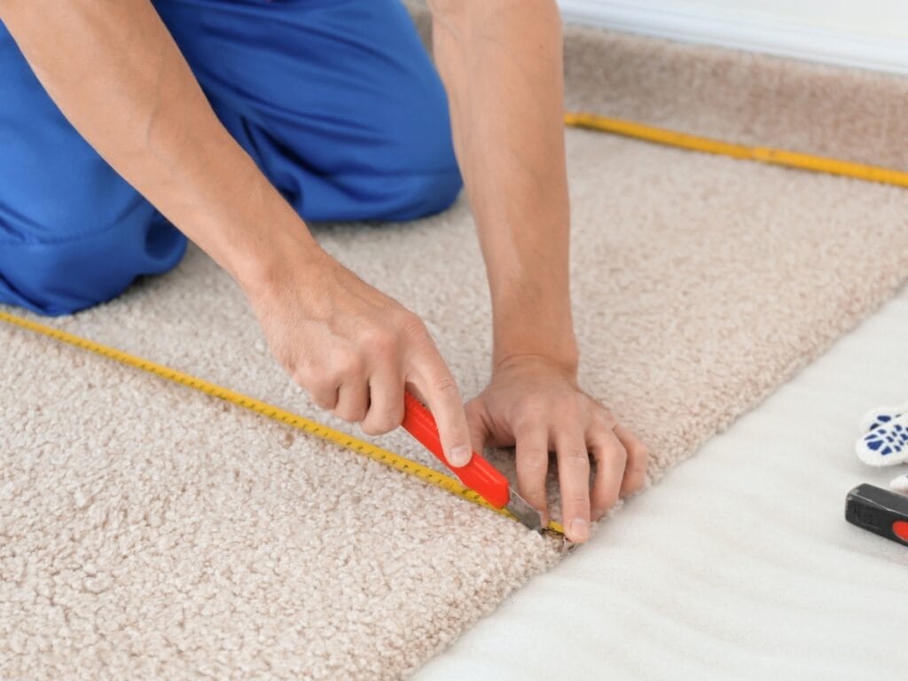 Person cutting carpet along a measuring tape with a utility knife, preparing to install carpet flooring and enjoy the benefits of soundproof flooring in their home.