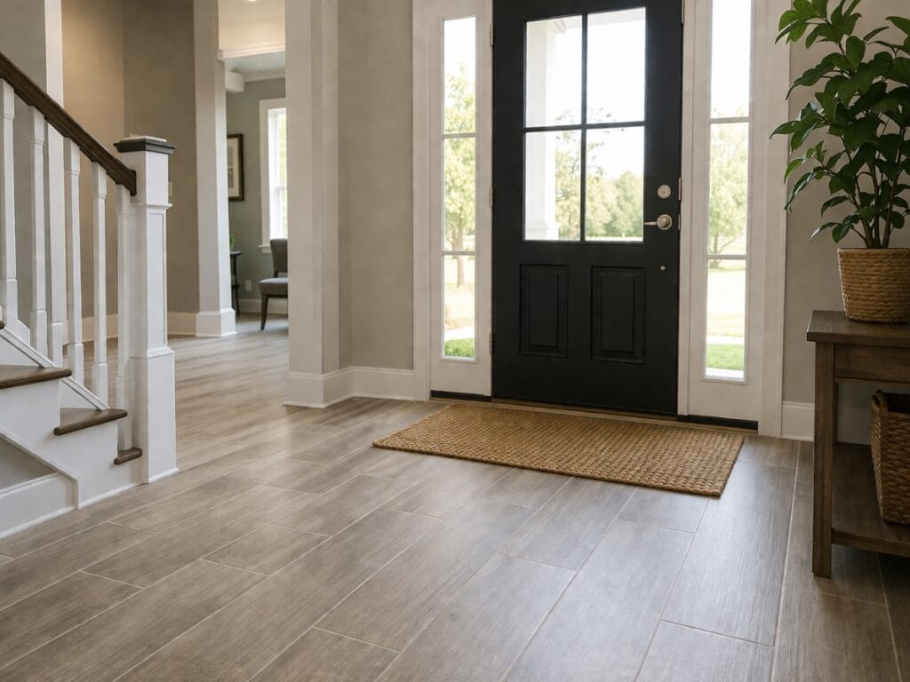 A bright entryway with light wood flooring, a black front door with glass panels, a brown doormat, and potted plants on a wooden table offers stylish Residential Entryway Ideas for welcoming guests.
