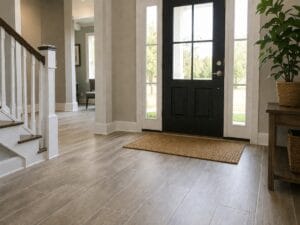 A bright entryway with light wood flooring, a black front door with glass panels, a brown doormat, and potted plants on a wooden table offers stylish Residential Entryway Ideas for welcoming guests.