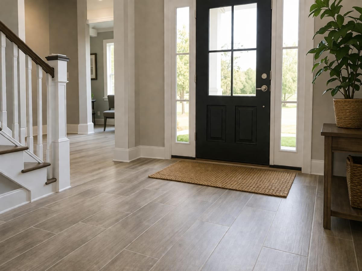 A bright entryway with light wood flooring, a black front door with glass panels, a brown doormat, and potted plants on a wooden table offers stylish Residential Entryway Ideas for welcoming guests.