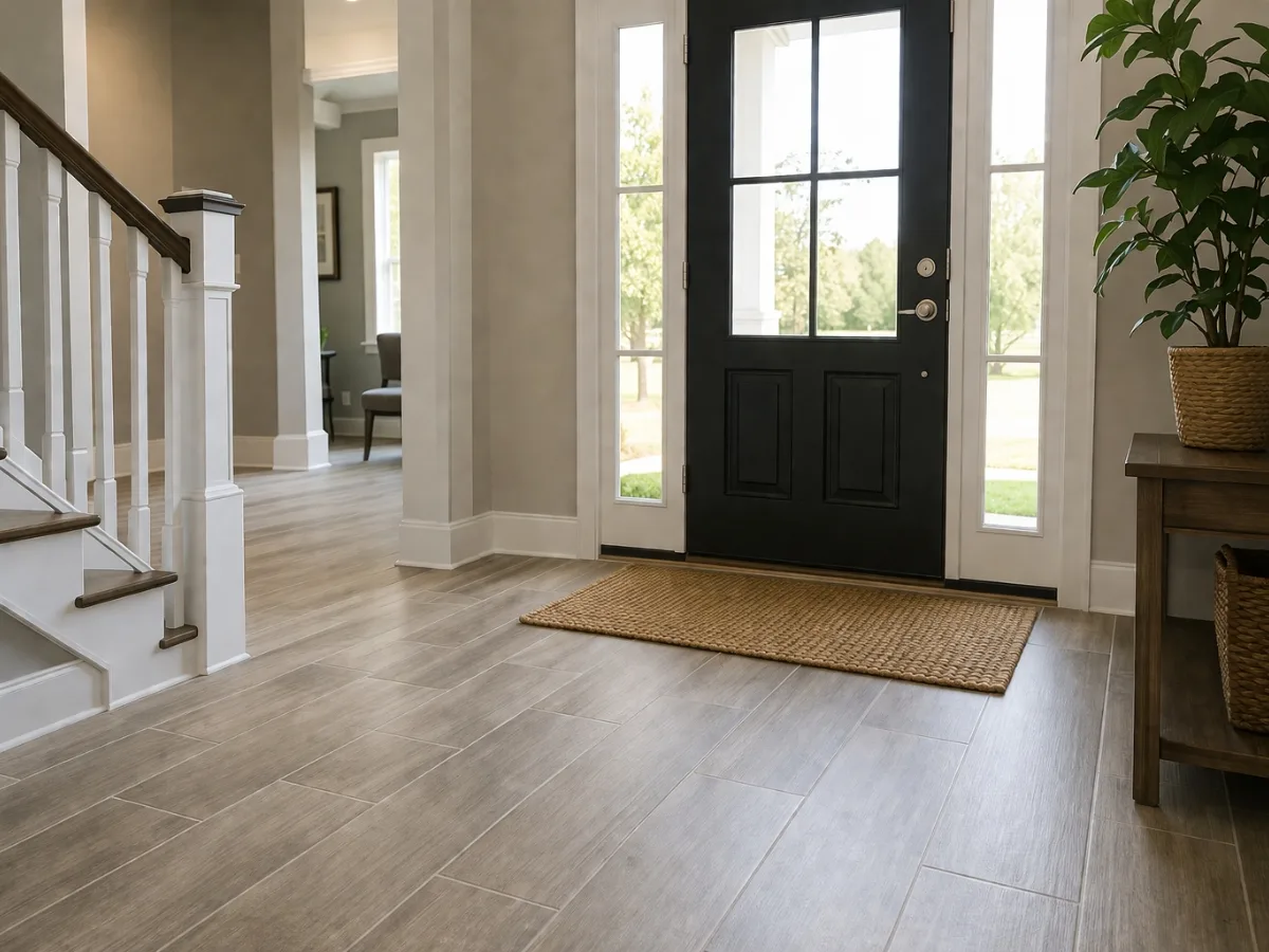 A bright entryway with light wood flooring, a black front door with glass panels, a brown doormat, and potted plants on a wooden table offers stylish Residential Entryway Ideas for welcoming guests.