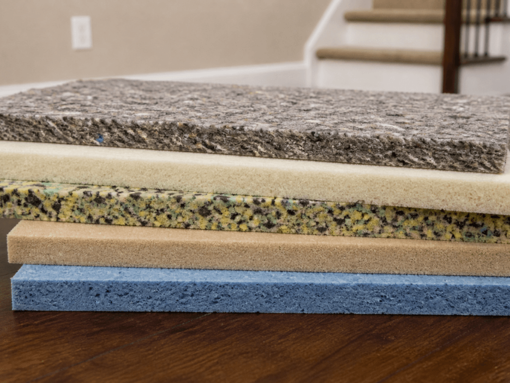 Four stacked foam carpet padding samples in various colors and textures are displayed on a wooden surface, with stairs and a beige wall in the background—perfect for referencing your Carpet Installation Padding Guide.