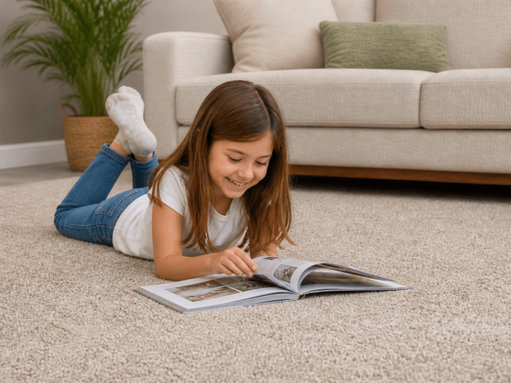 A young girl lies on a carpeted floor in a living room, smiling as she reads a book with photos. A couch and plant are in the background, showcasing the comfort highlighted in any Carpet Installation Padding Guide.