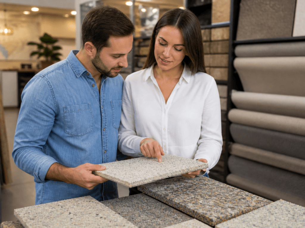A man and a woman examine and discuss countertop samples in a showroom, surrounded by various stone surface options, while also browsing a Carpet Installation Padding Guide for their renovation project.