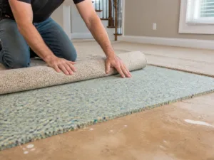 A person rolls back carpet to reveal carpet padding and a concrete subfloor during carpet installation in Atlanta, with natural light highlighting steps from a Carpet Installation Padding Guide.
