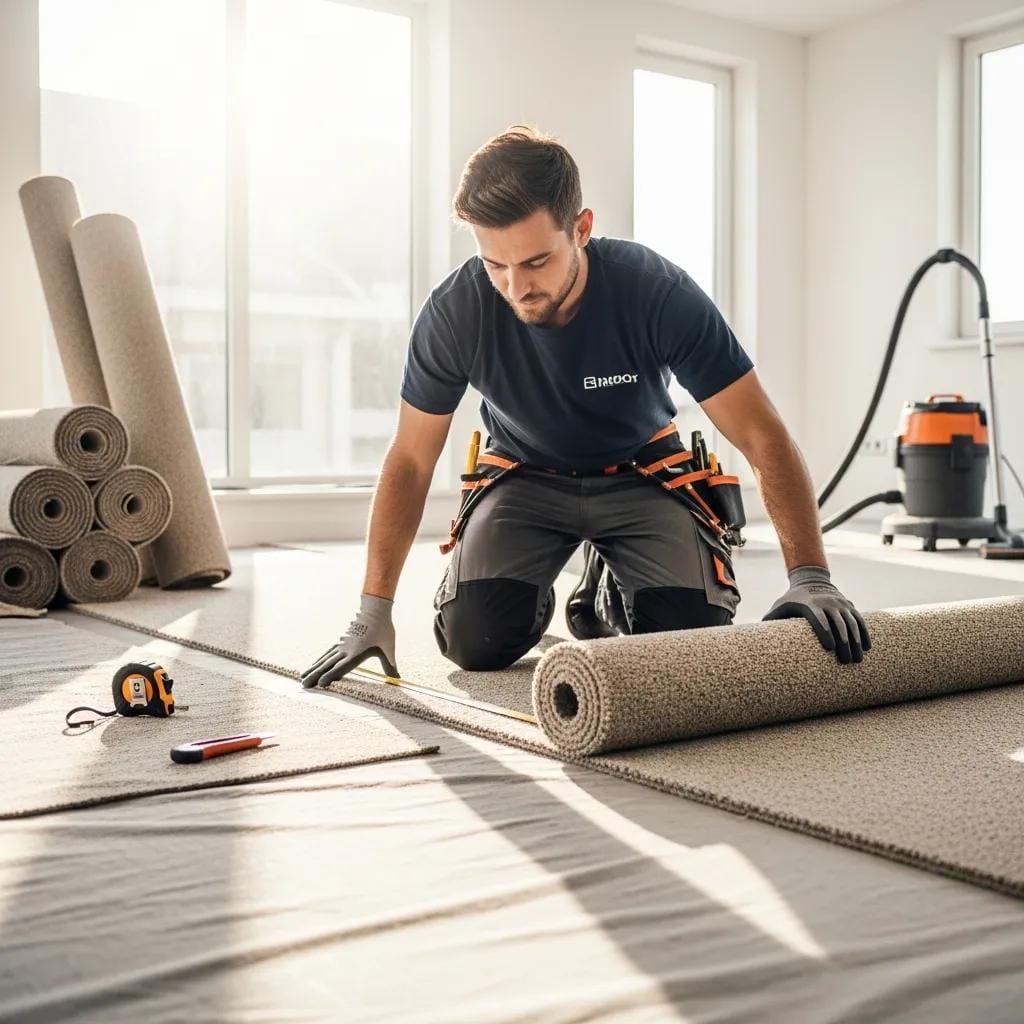 Professional installer laying carpet padding, illustrating the installation process and attention to detail