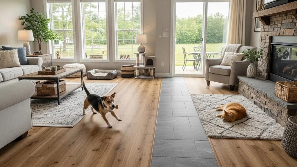 Cozy living room with pet-friendly flooring options and a dog and cat