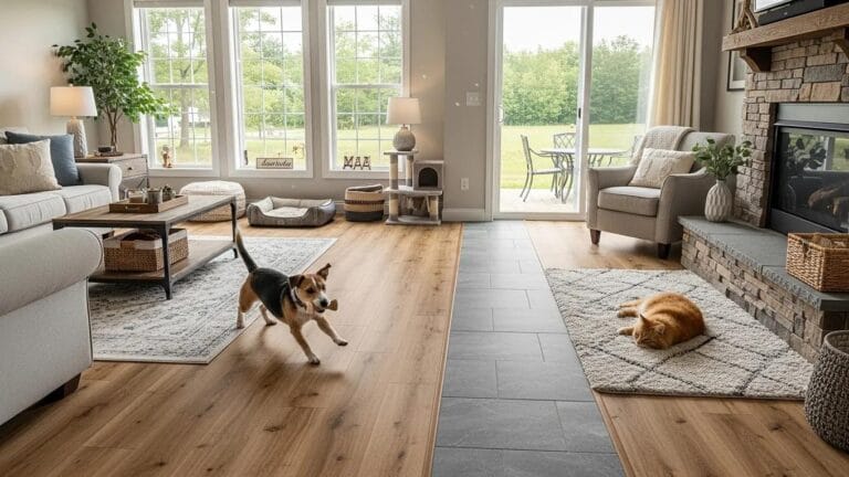 Cozy living room with pet-friendly flooring options and a dog and cat