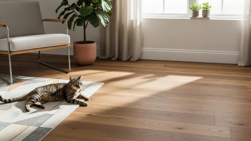 Engineered hardwood flooring with a cat lounging, highlighting durability and style