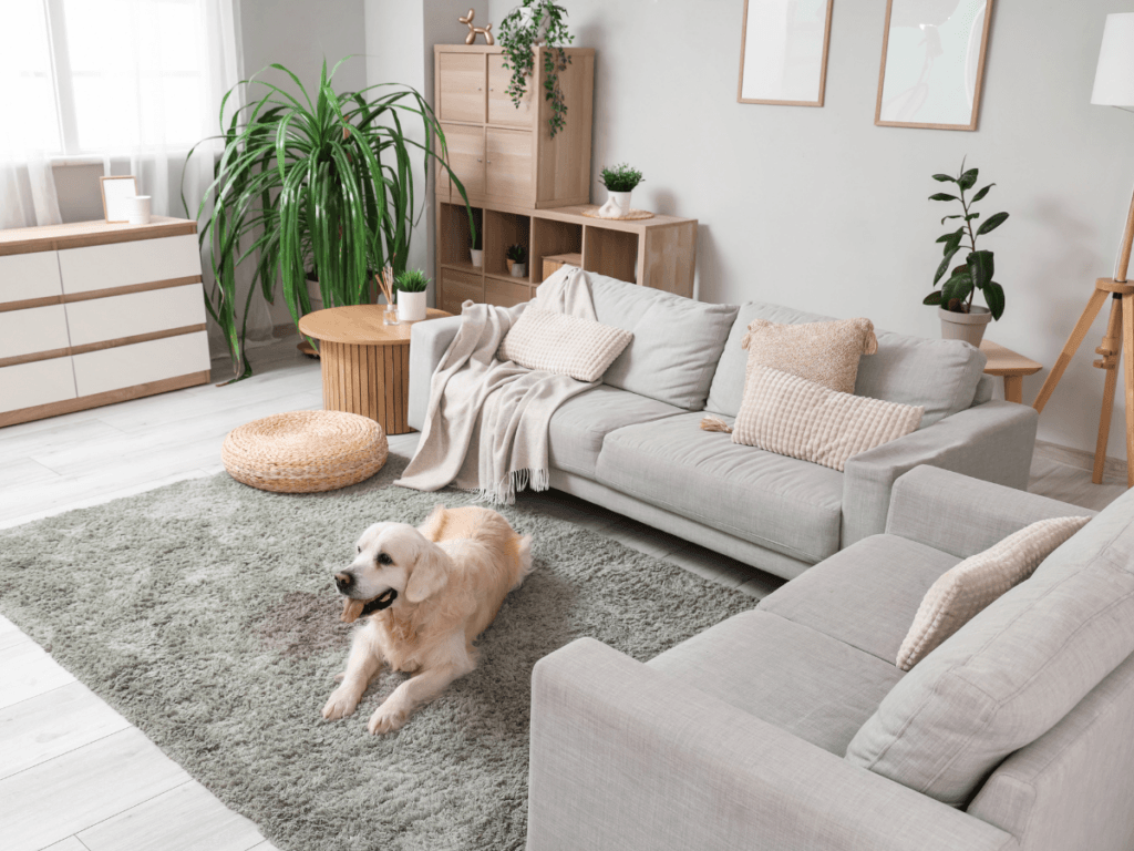 A golden retriever lies on Marietta pet flooring&mdash;a green rug&mdash;in a bright living room with light gray sofas, wooden furniture, and potted plants.