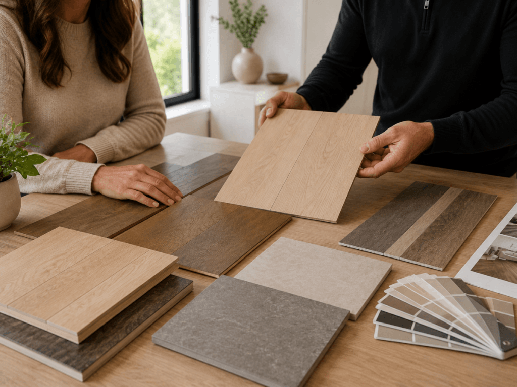 Two people review various wood and stone samples and color swatches on a table, likely discussing interior design or renovation options with a focus on minimalist flooring.