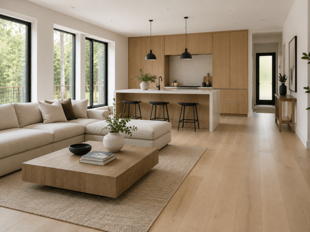 A modern open-plan living room and kitchen with minimalist flooring, a beige sectional sofa, a large wooden coffee table, and a kitchen island with barstools under black pendant lights.