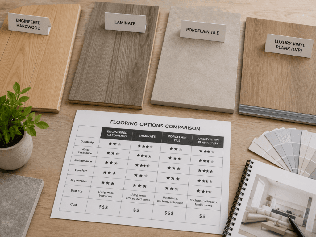 A table compares four flooring options&mdash;engineered hardwood, laminate, porcelain tile, and luxury vinyl plank&mdash;displayed with material samples and color swatches on a desk for a modern minimalist flooring selection.
