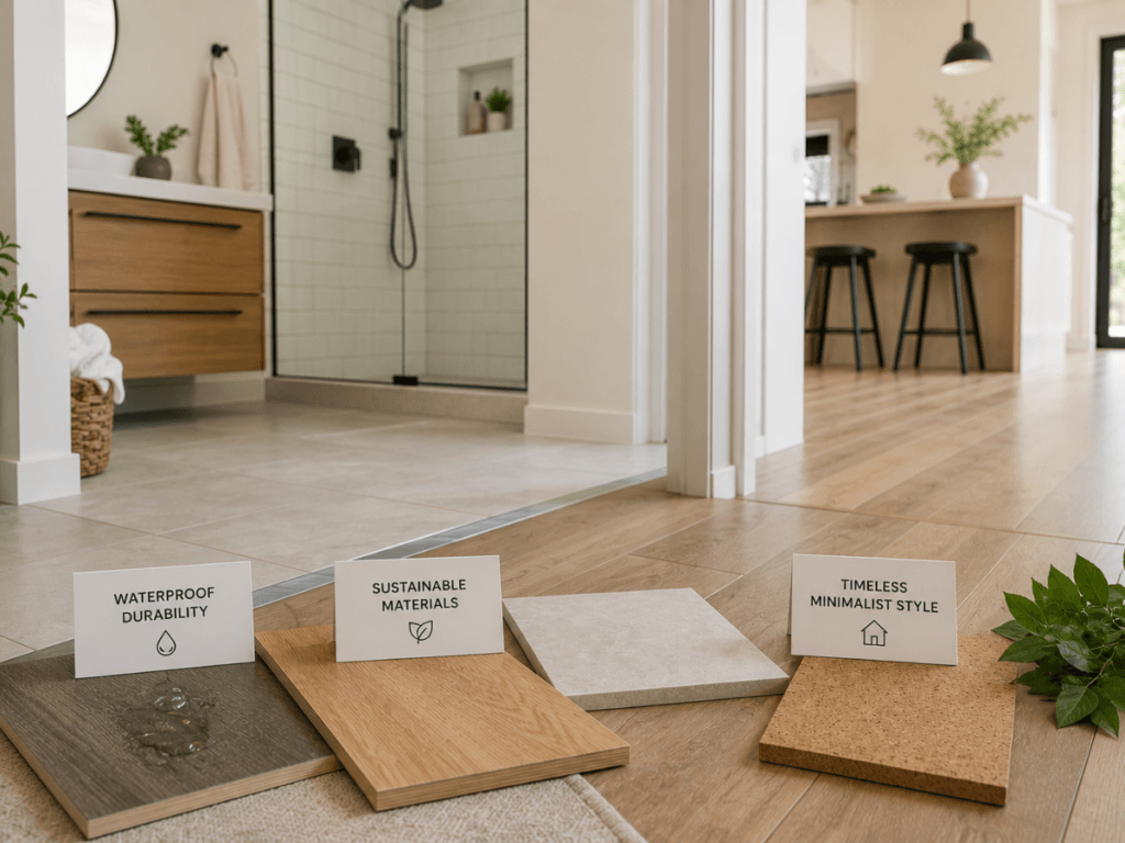 Three minimalist flooring samples labeled "Waterproof Durability," "Sustainable Materials," and "Timeless Minimalist Style" are displayed on a wooden floor in a modern, well-lit home interior.