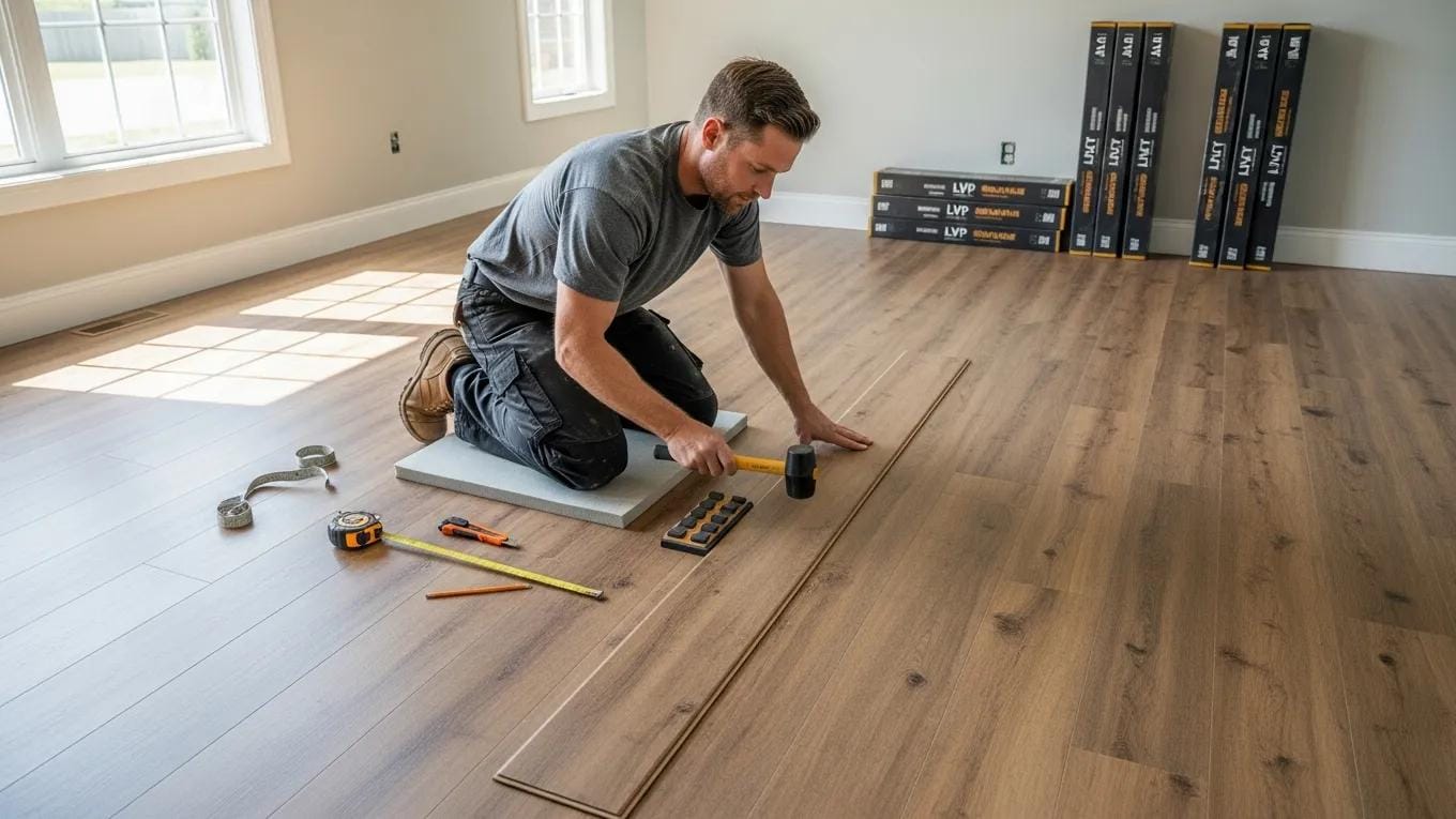 Professional installer demonstrating proper luxury vinyl plank flooring installation techniques