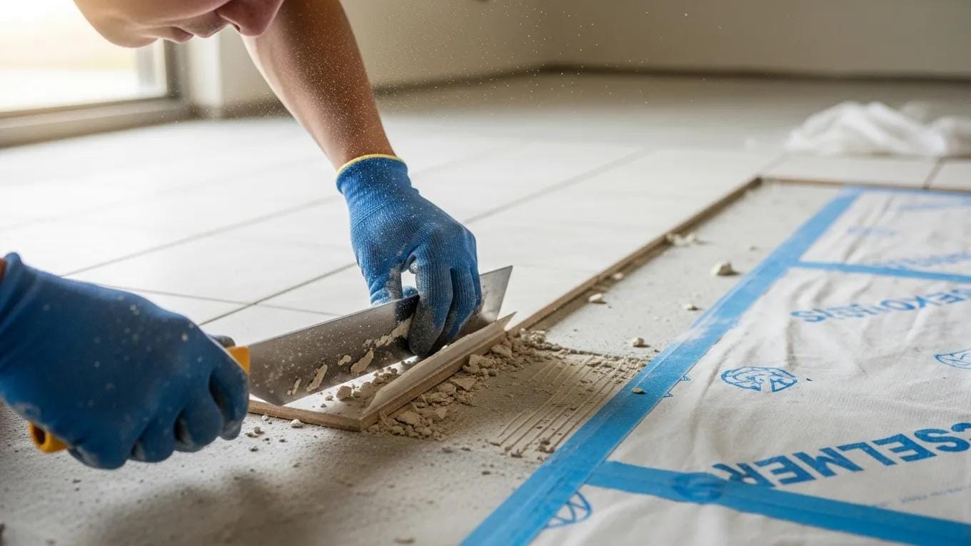 Close-up of a worker using tools to remove tiles from a floor, showcasing the tile removal process