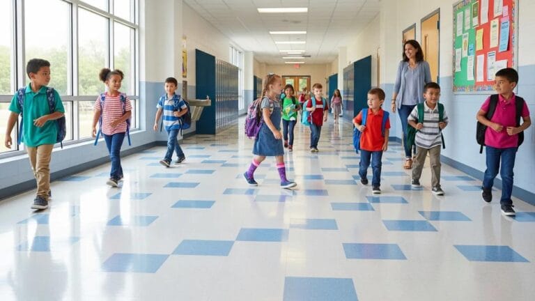 Durable VCT flooring in a school environment highlighting its resilience and aesthetic appeal