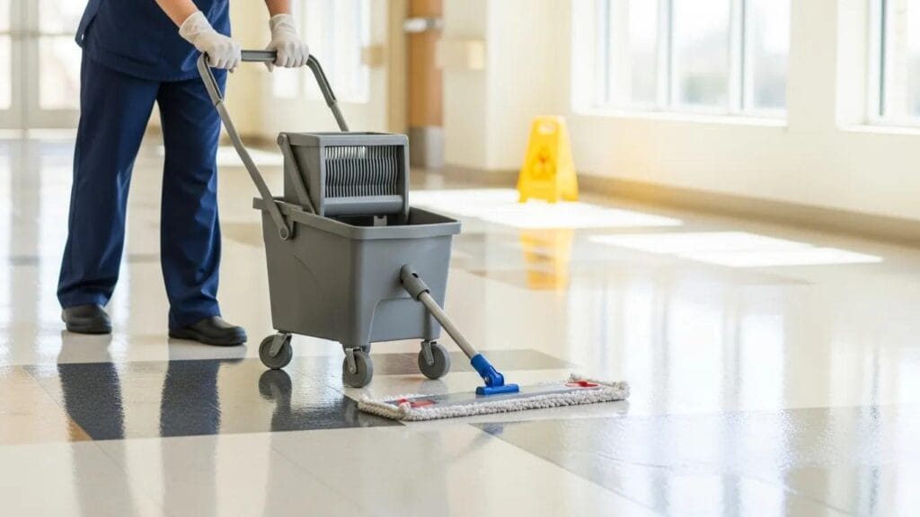 Staff member maintaining VCT flooring in a school, showcasing cleaning practices for longevity